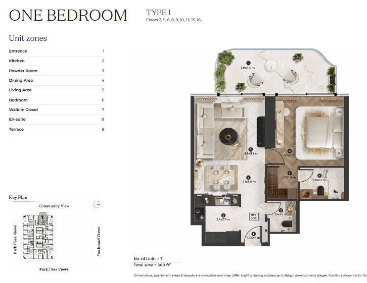 1 bedroom - Type I (Floors 3, 5, 6, 8, 9, 10, 13, 15, 16)