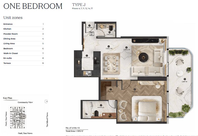 1 bedroom - Type J (Floors 4, 7, 11, 12, 14, 17)