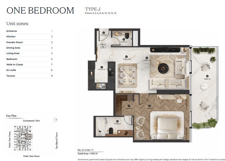 1 bedroom - Type J (Floors 3, 5, 6, 8, 9, 10, 13, 15, 16)